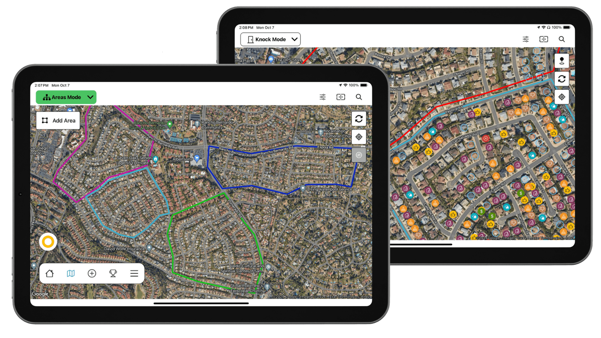 Two iPads showing canvassing map routes